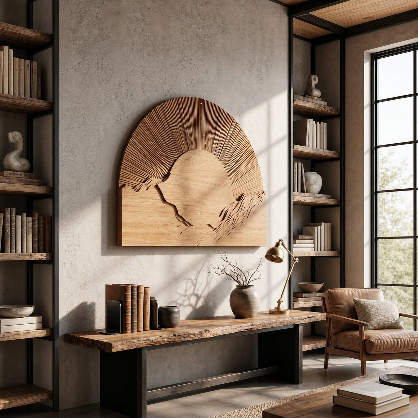 Half Moon Wall Art With Sunburst Carved Panel Design For Living Room And Entryway - product view 5