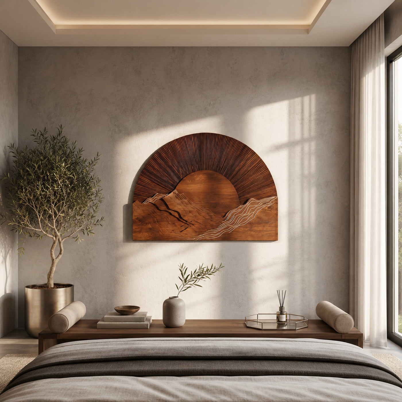 Half Moon Wall Art With Sunburst Carved Panel Design For Living Room And Entryway - product view 6