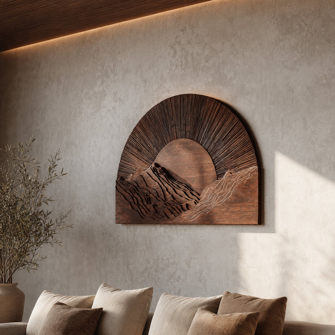 Half Moon Wall Art With Sunburst Carved Panel Design For Living Room And Entryway - product view 7