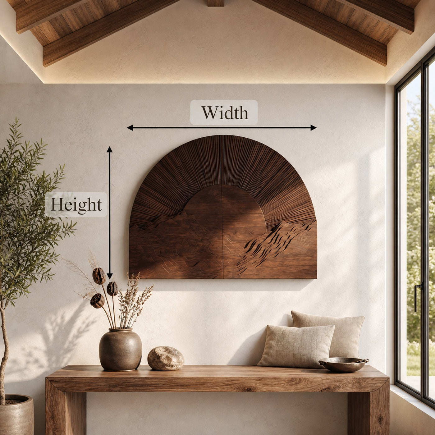 Half Moon Wall Art With Sunburst Carved Panel Design For Living Room And Entryway - product view 8