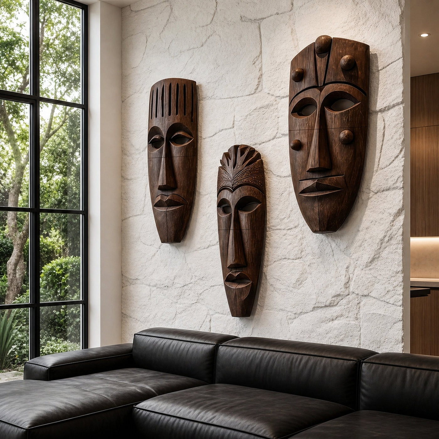 Hand Carved Wooden Wall Art Set With Tribal Mask Design For Living Room And Entryway