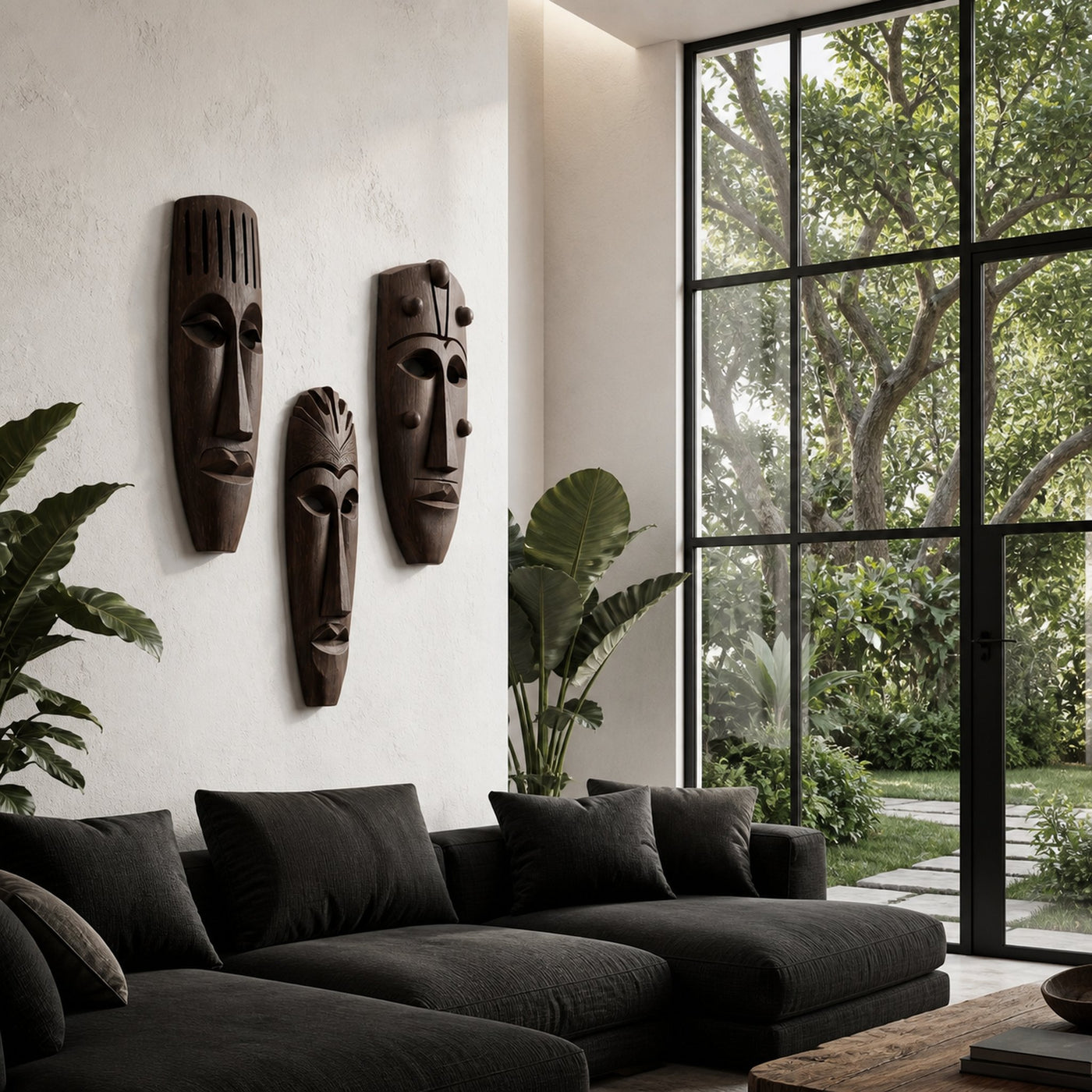Hand Carved Wooden Wall Art Set With Tribal Mask Design For Living Room And Entryway - product view 2