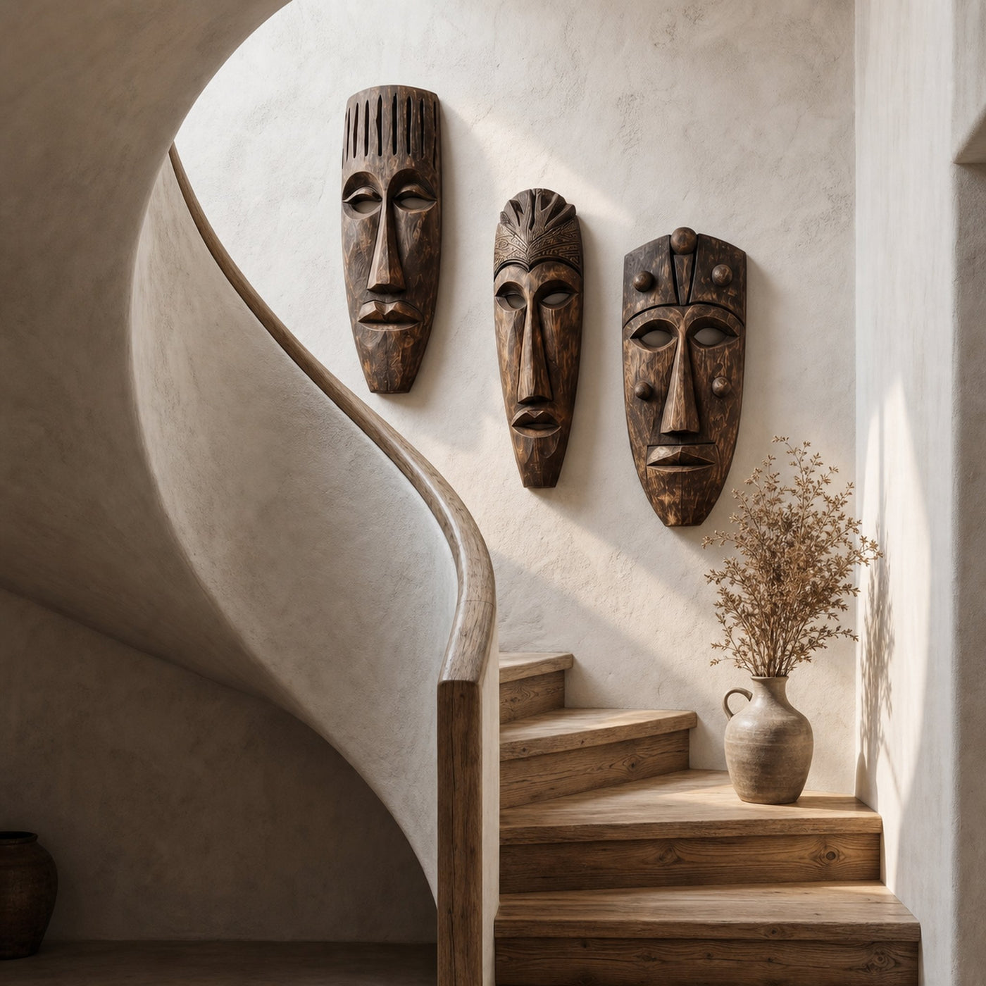 Hand Carved Wooden Wall Art Set With Tribal Mask Design For Living Room And Entryway - product view 3