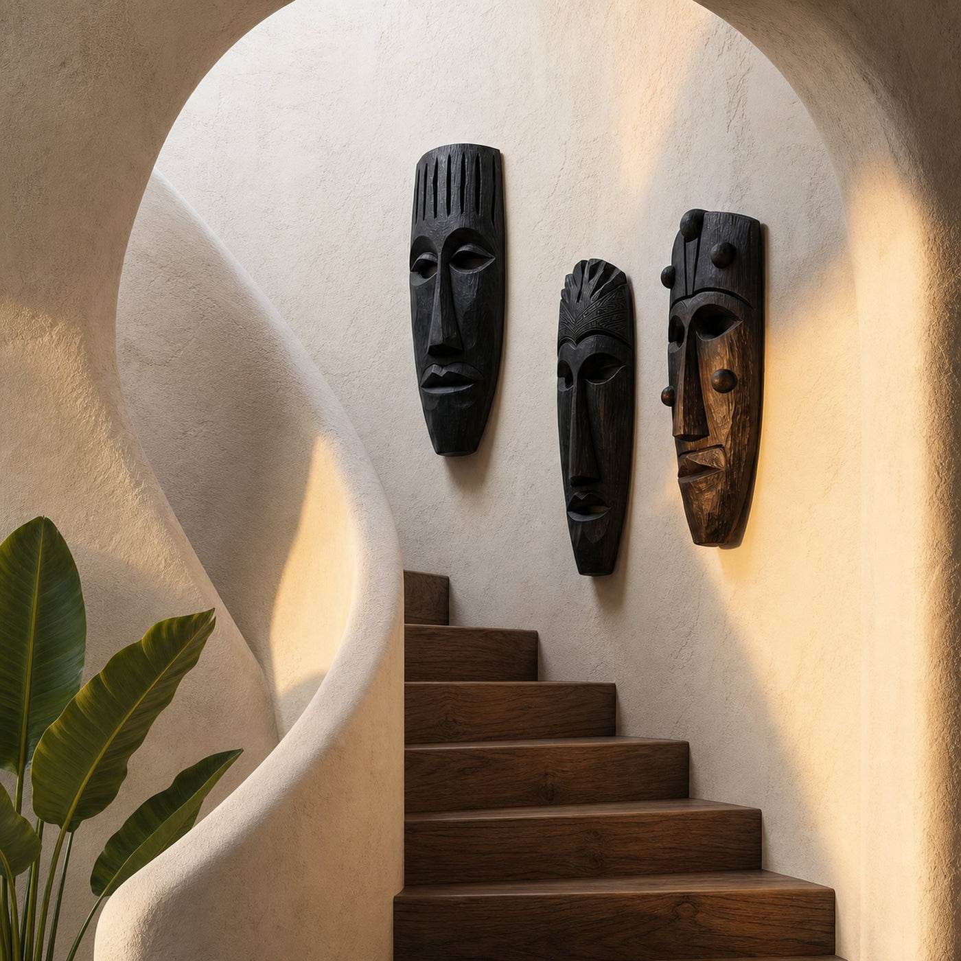 Hand Carved Wooden Wall Art Set With Tribal Mask Design For Living Room And Entryway - product view 4