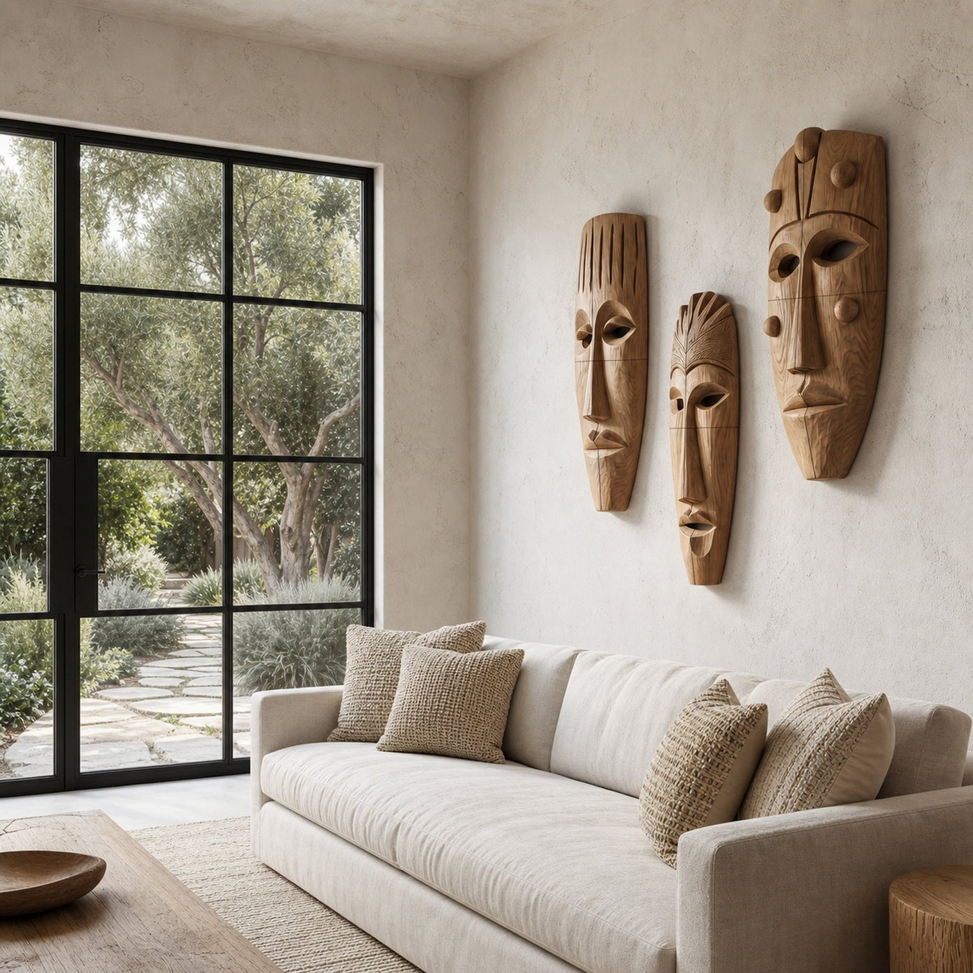 Hand Carved Wooden Wall Art Set With Tribal Mask Design For Living Room And Entryway - product view 5