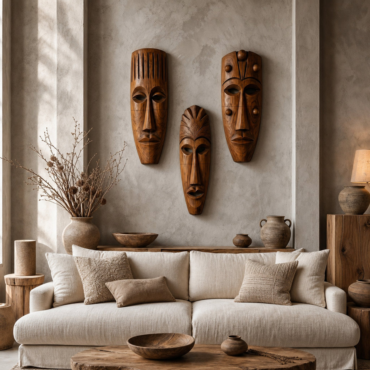 Hand Carved Wooden Wall Art Set With Tribal Mask Design For Living Room And Entryway - product view 6