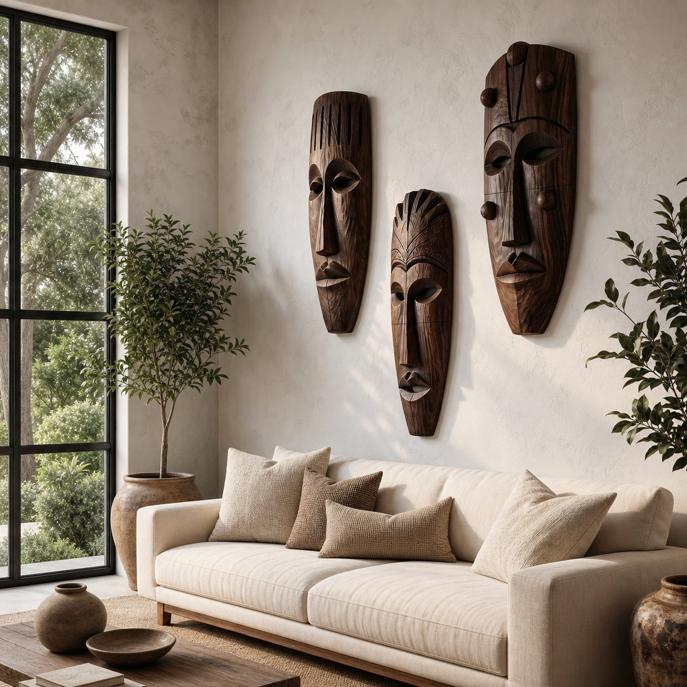Hand Carved Wooden Wall Art Set With Tribal Mask Design For Living Room And Entryway - product view 7