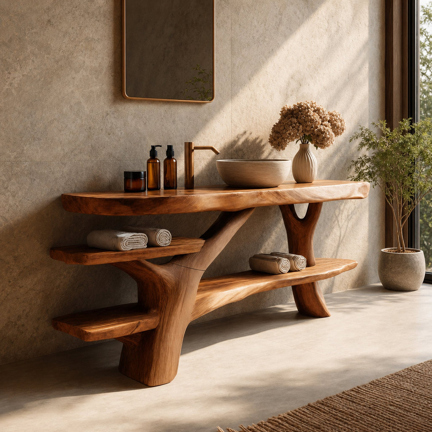 Handcrafted Bathroom Vanity Solid Wood With Shelf For Modern Bath