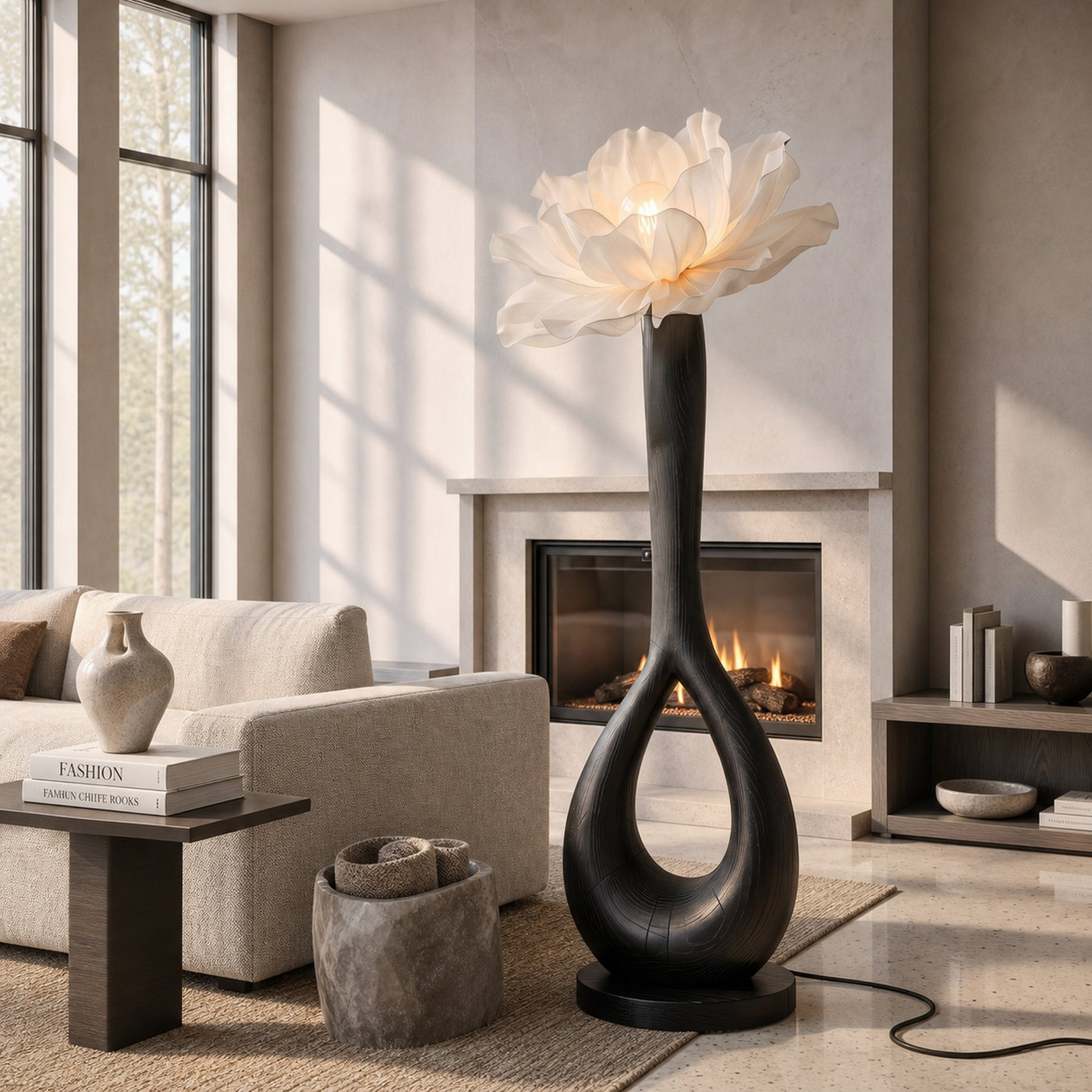 Handcrafted Floor Lamp With Blooming Flower Sculpture For Living Room