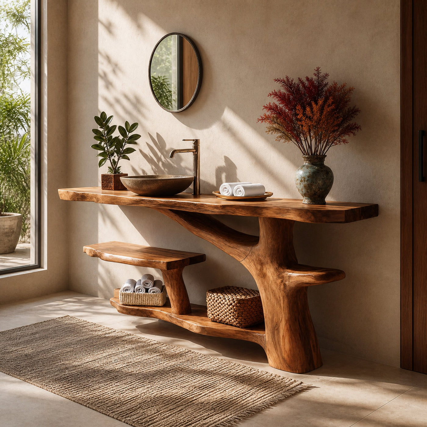 Handcrafted Live Edge Bathroom Vanity Natural Wood For Luxury Spa Bath