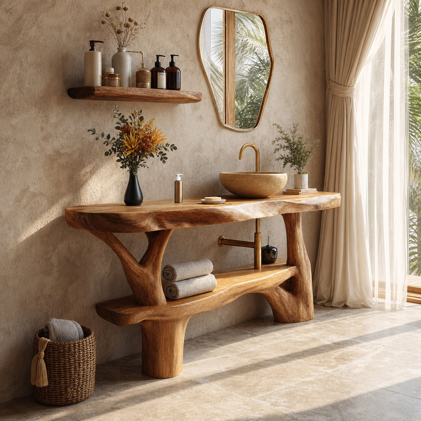 Handcrafted Live Edge Bathroom Vanity Organic Wood For Spa Bathroom