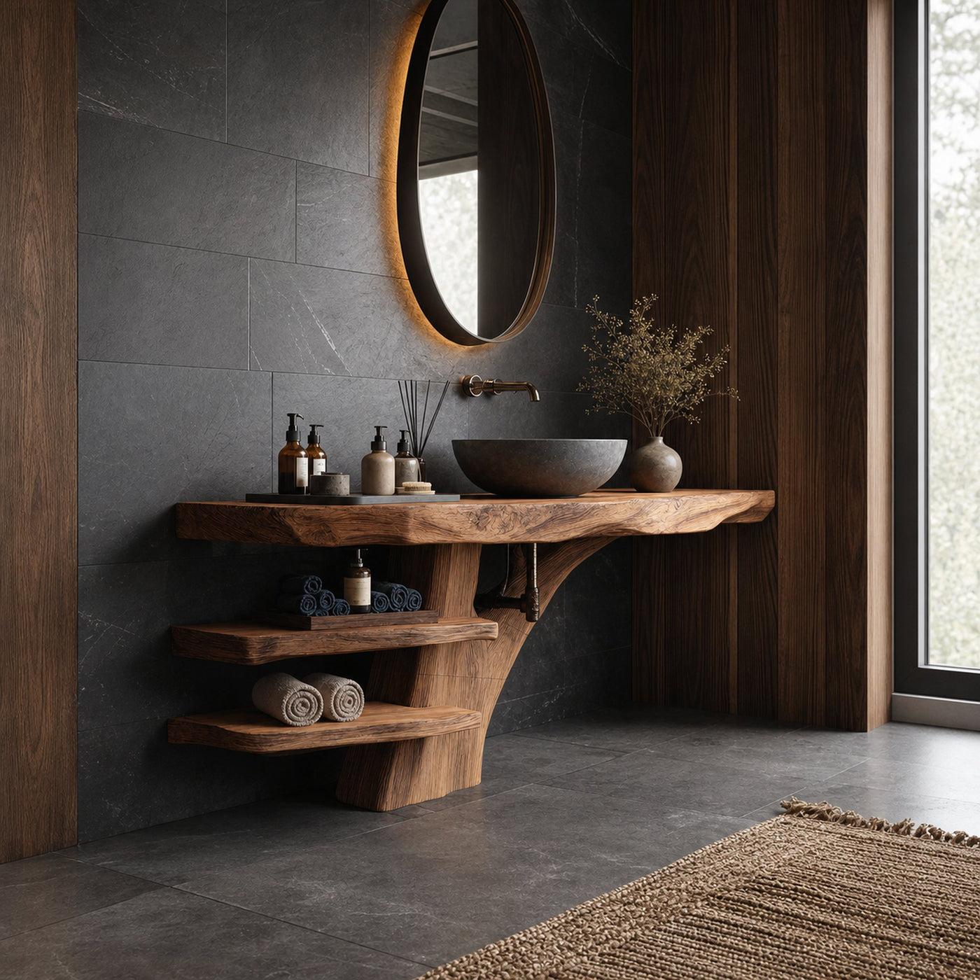 Handcrafted Live Edge Bathroom Vanity With Storage Shelf For Spa Bath