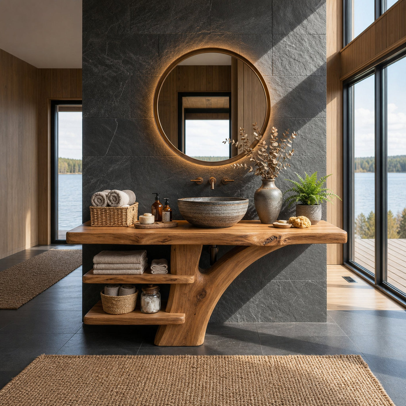 Handcrafted Live Edge Bathroom Vanity With Storage Shelf For Spa Bath - product view 5