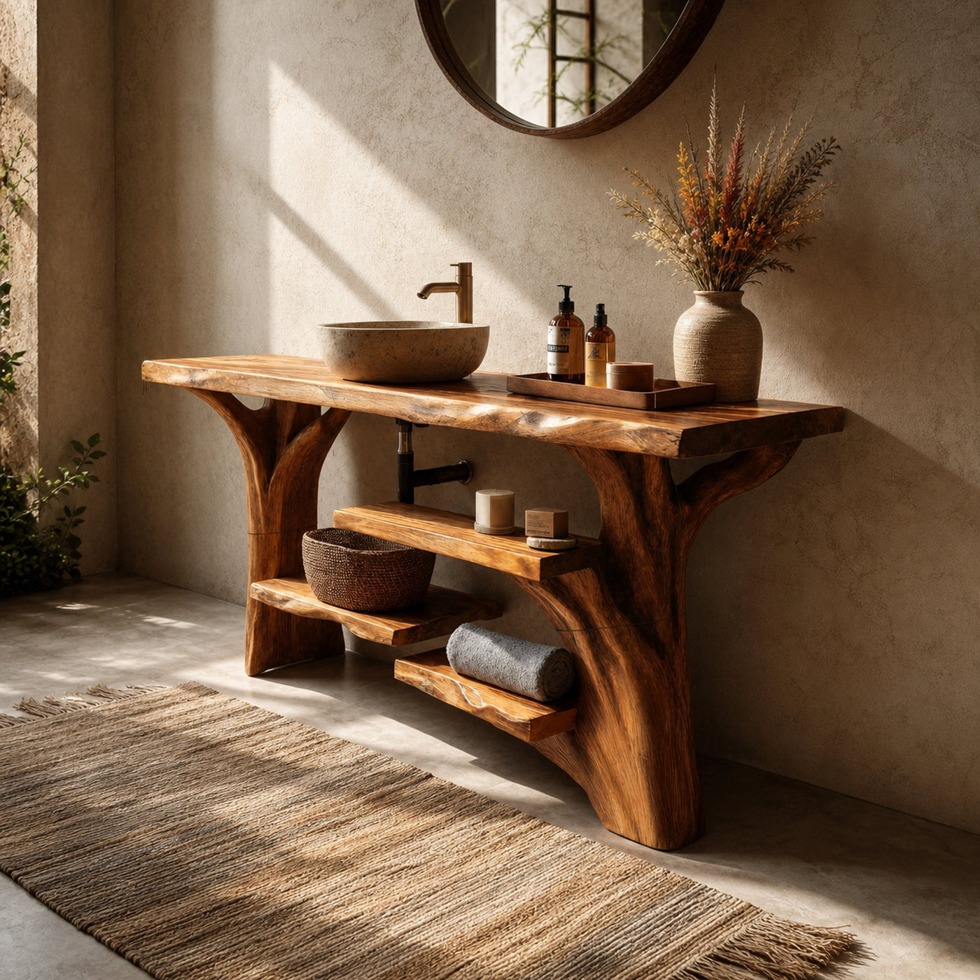 Handcrafted Solid Wood Bathroom Vanity Organic Live Edge For Spa Bathroom