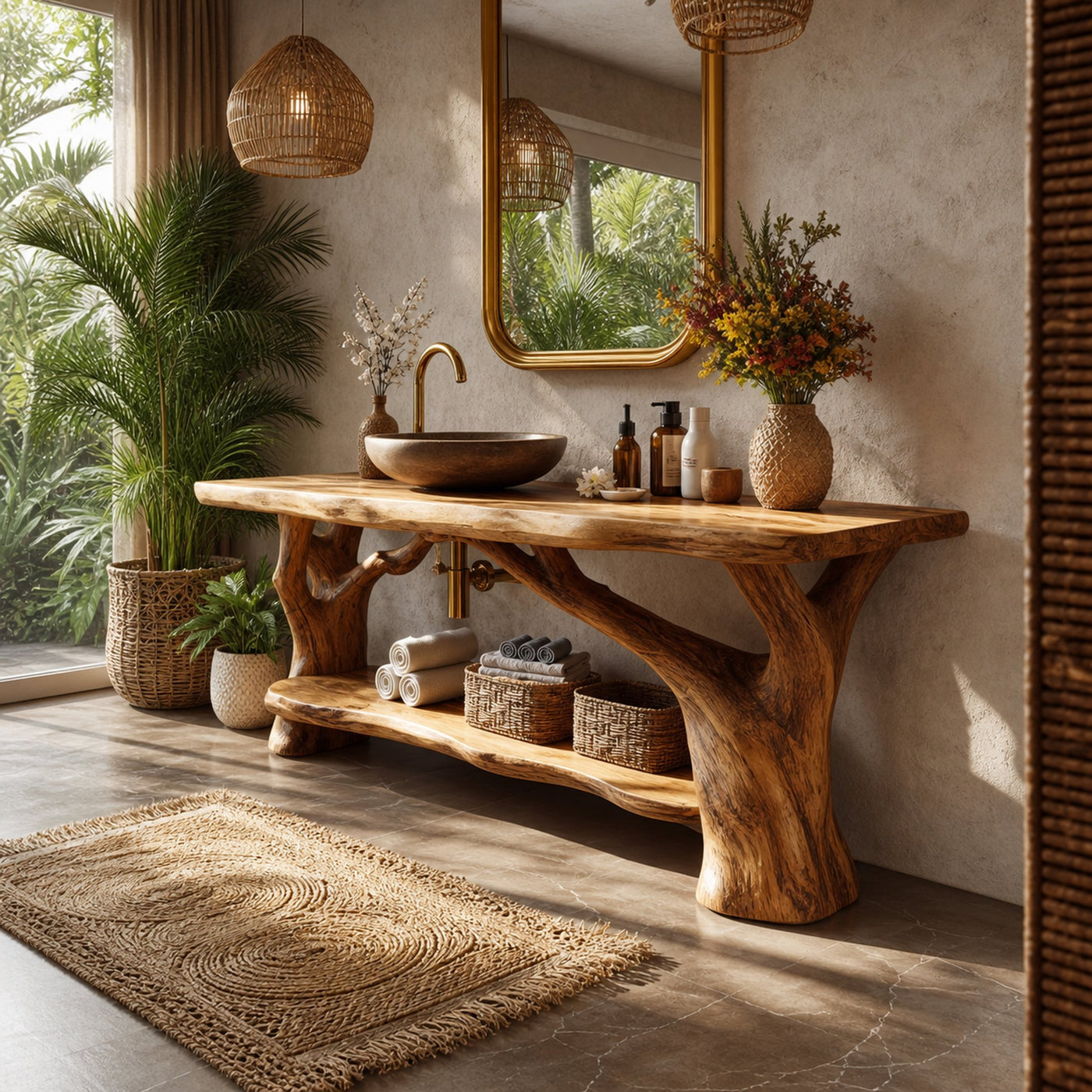 Handcrafted Solid Wood Bathroom Vanity Sculptural Design For Spa Bath