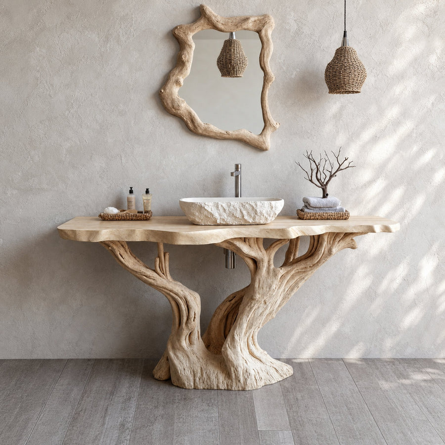 Handcrafted Solid Wood Bathroom Vanity With Natural Finish