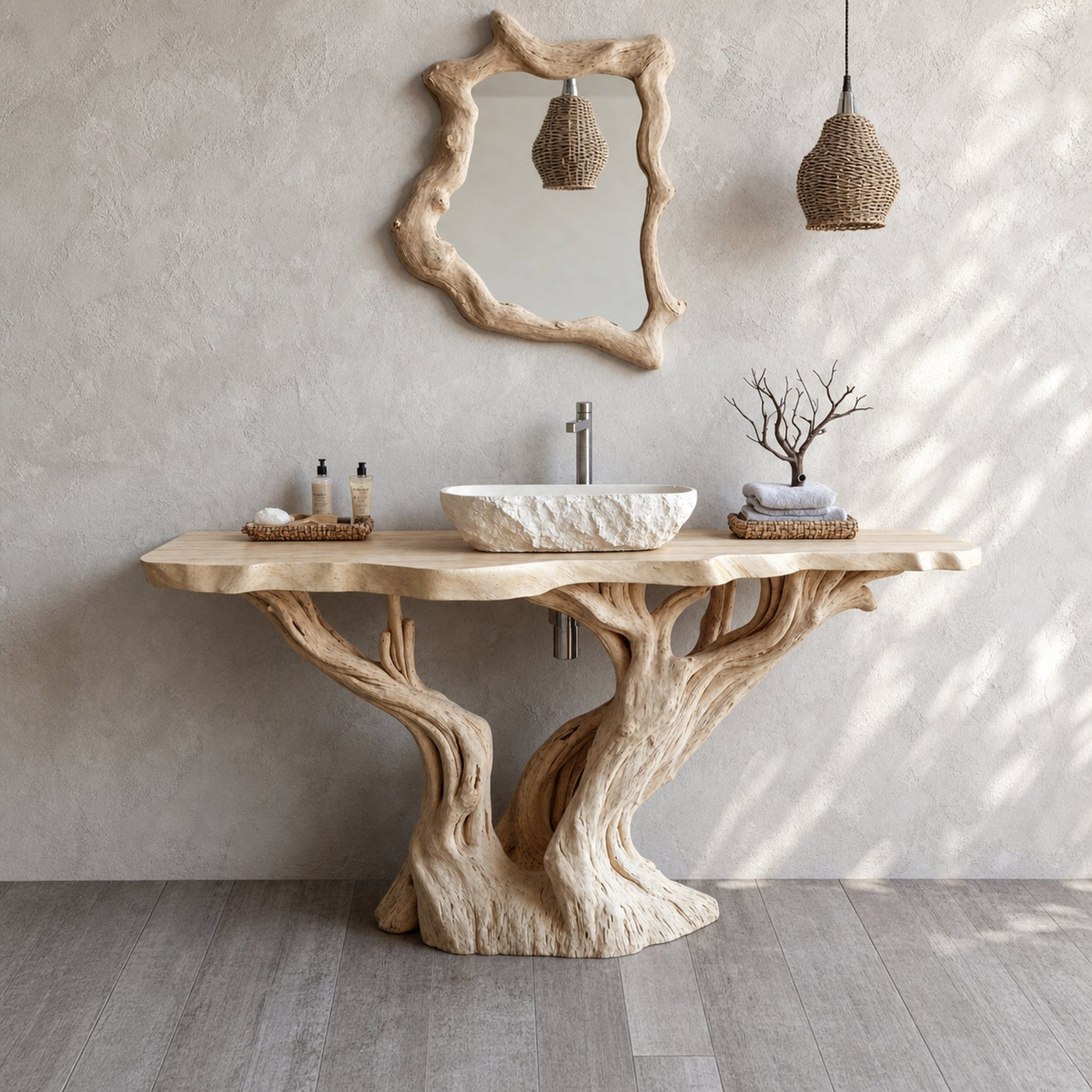 Handcrafted Solid Wood Bathroom Vanity With Natural Finish