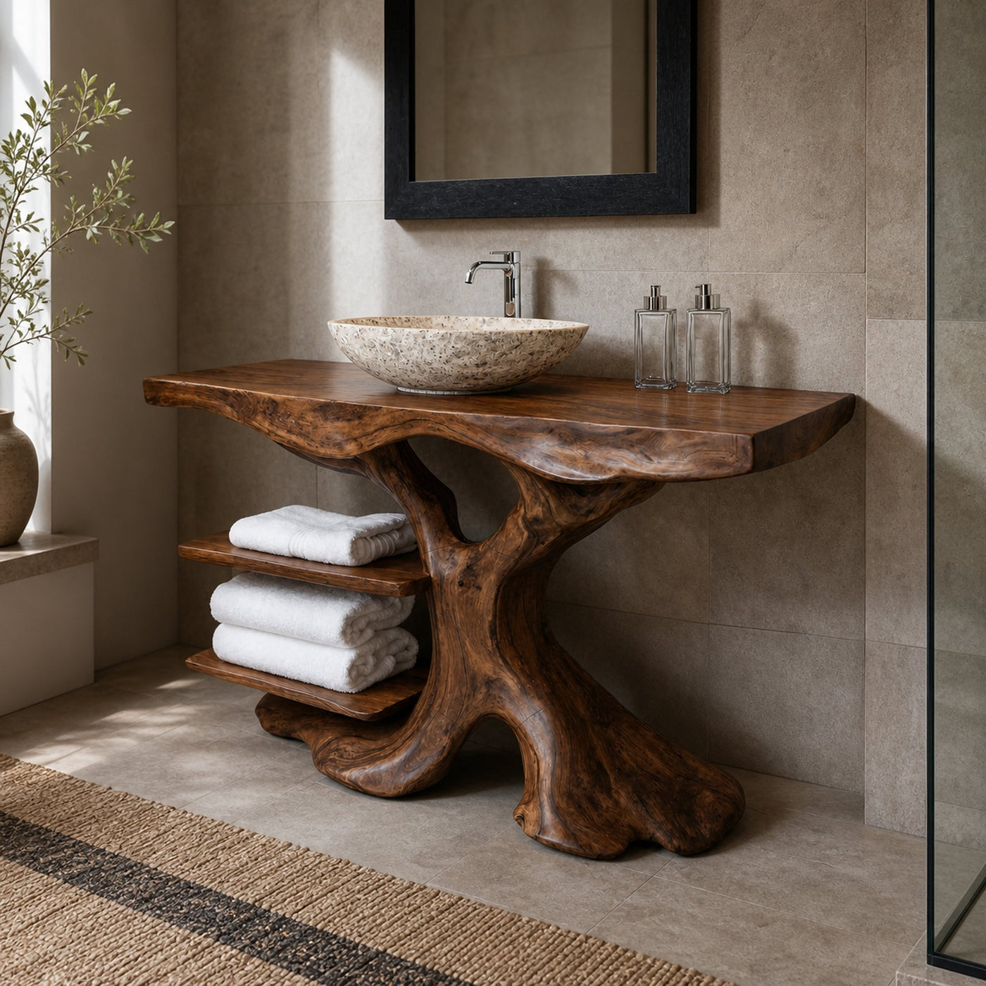 Handcrafted Solid Wood Bathroom Vanity With Shelf For Natural Bathroom