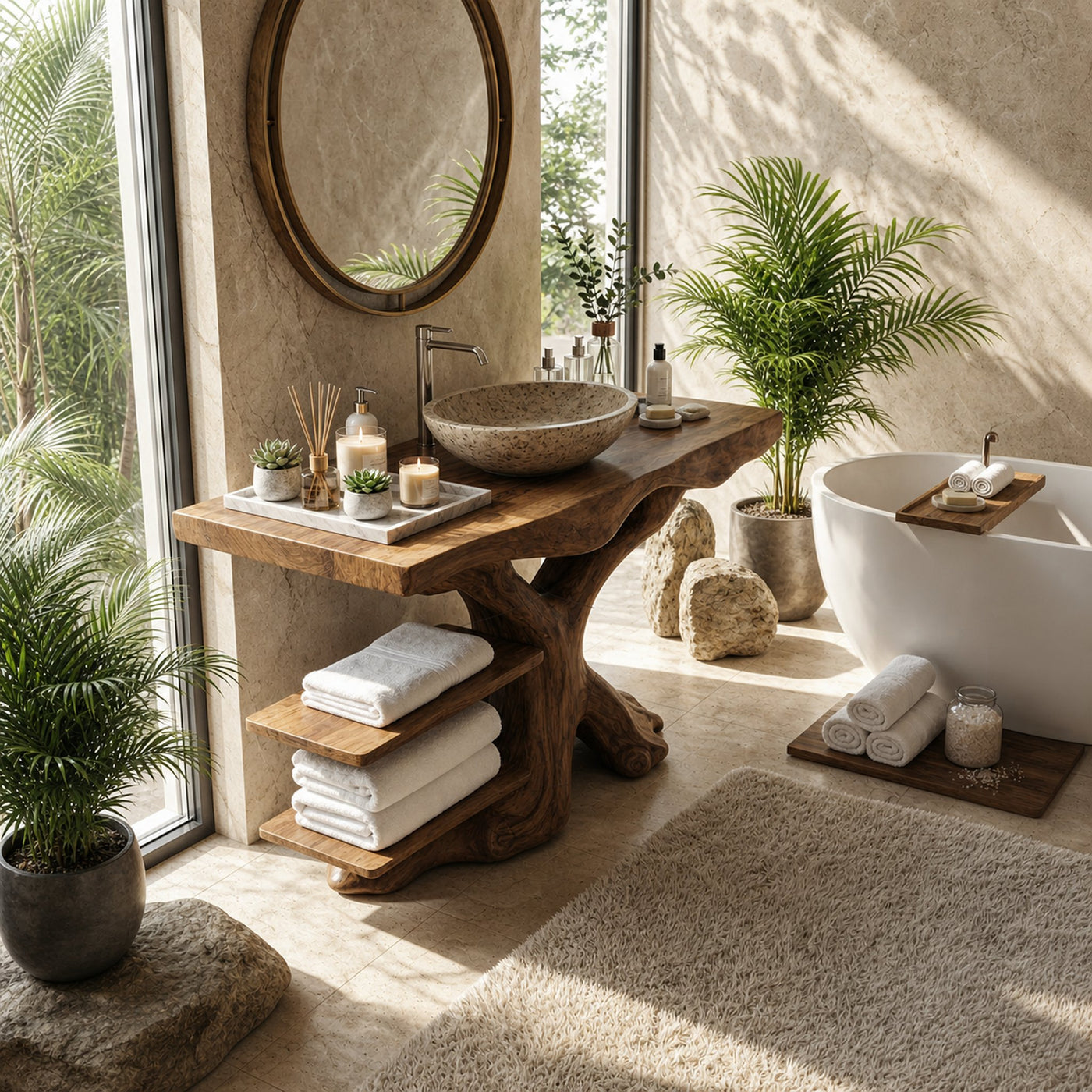 Handcrafted Solid Wood Bathroom Vanity With Shelf For Natural Bathroom - product view 6