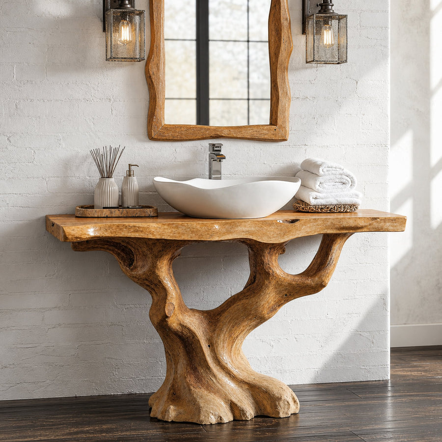 Handcrafted Wood Bathroom Vanity With Tree Trunk Base For Rustic Charm