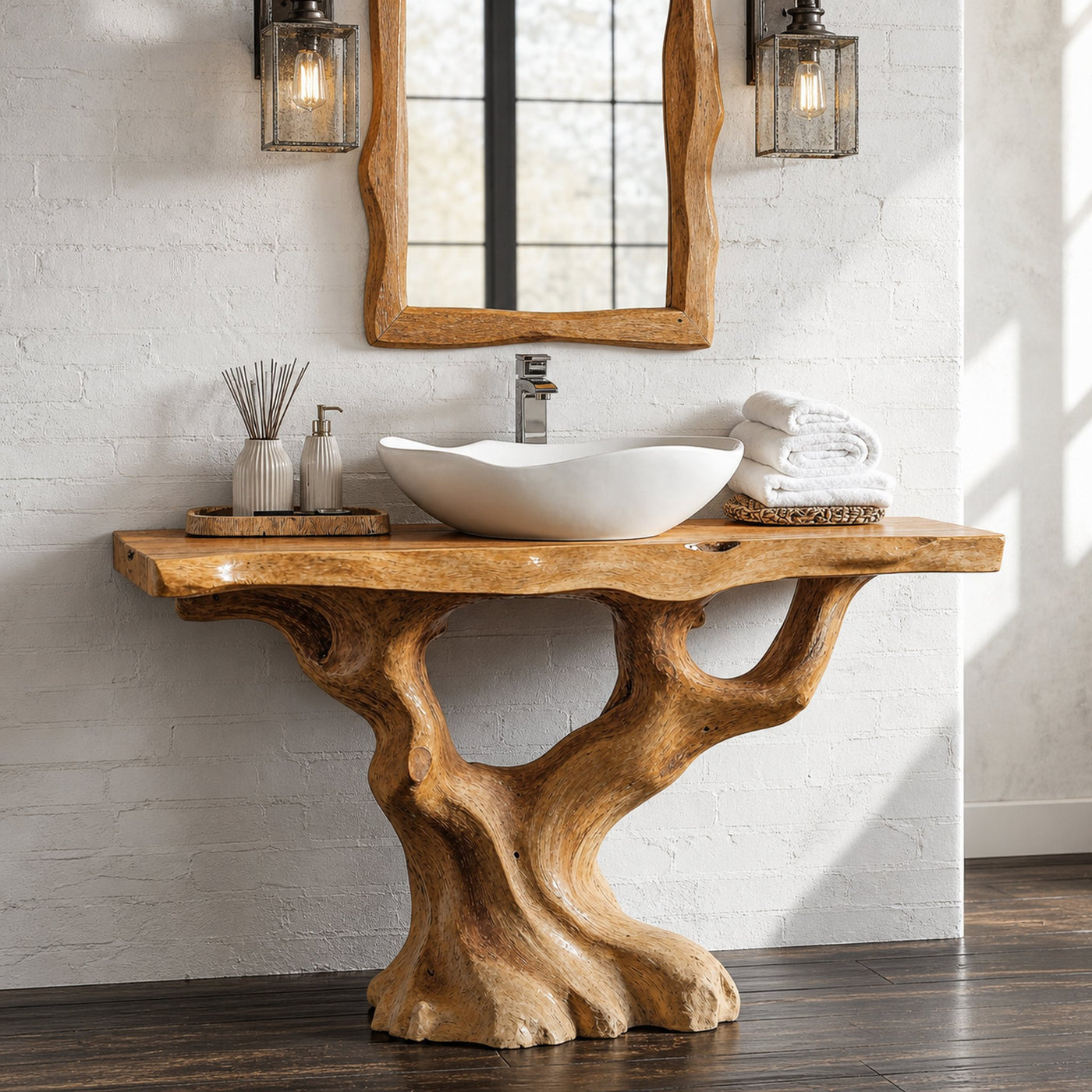 Handcrafted Wood Bathroom Vanity With Tree Trunk Base For Rustic Charm