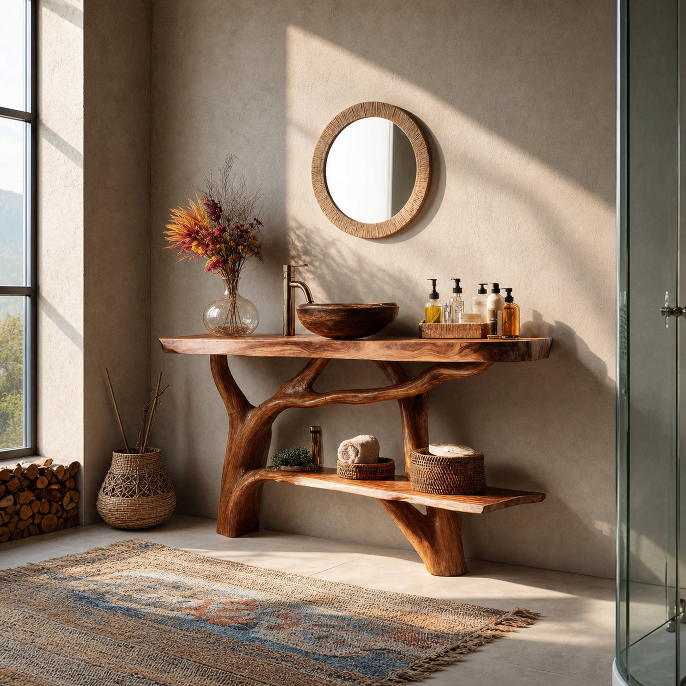 Handcrafted Wooden Live Edge Bathroom Vanity For Classic Bathroom Decor