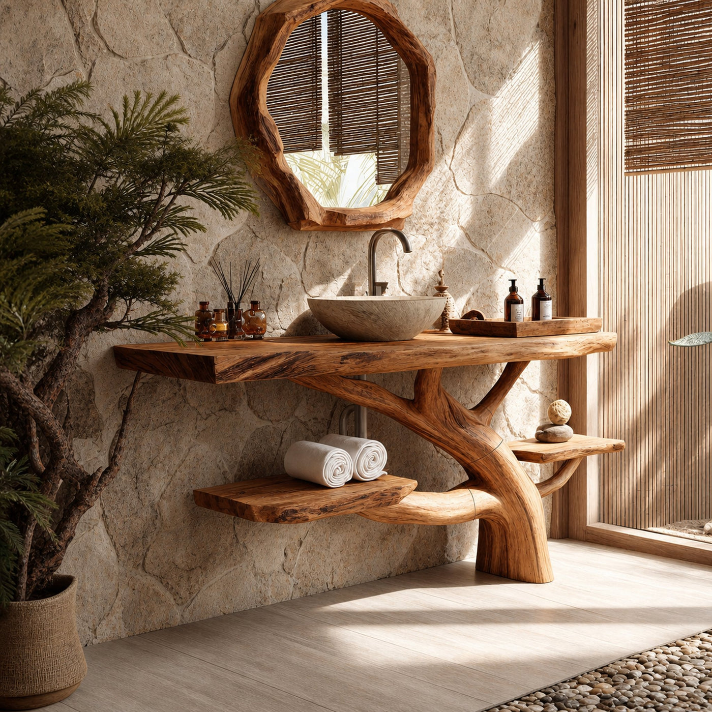 Handcrafted Wooden Live Edge Bathroom Vanity For Luxury Bathroom Decor