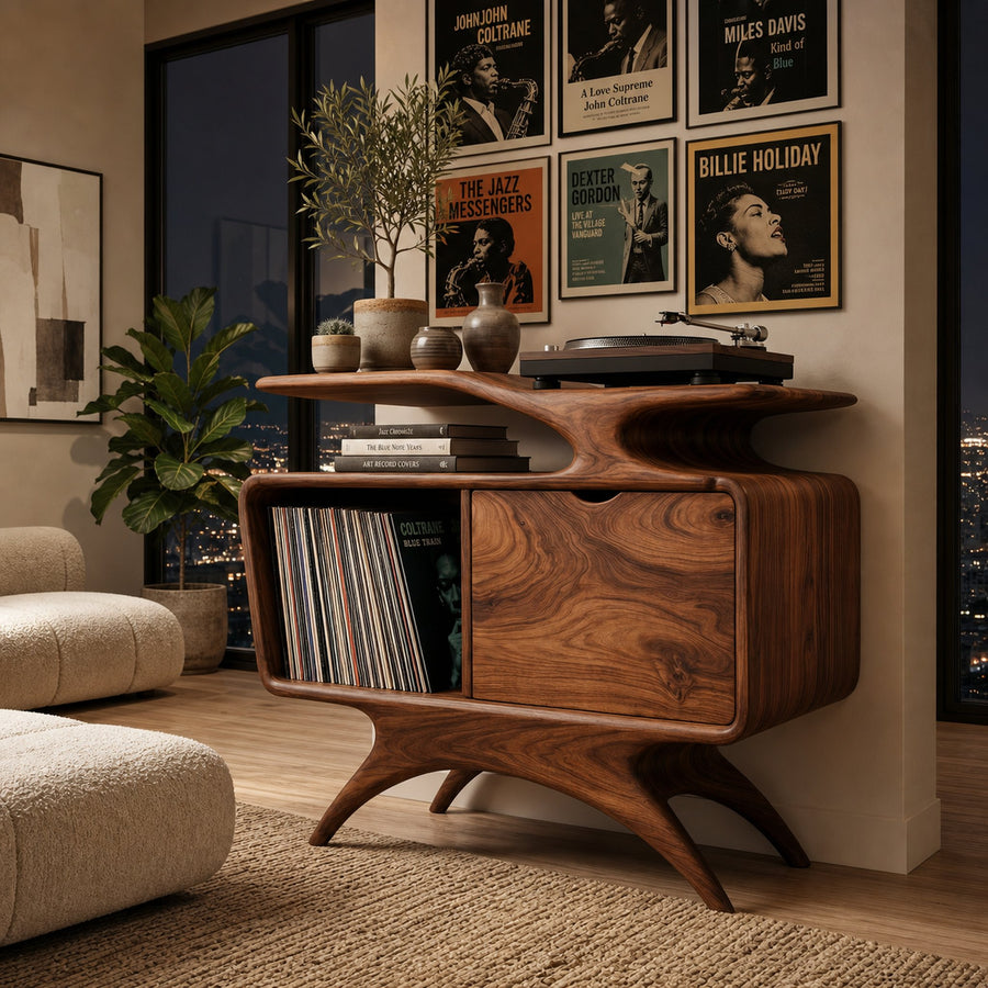 Handcrafted Wooden Record Cabinet With Shelving For Living Room