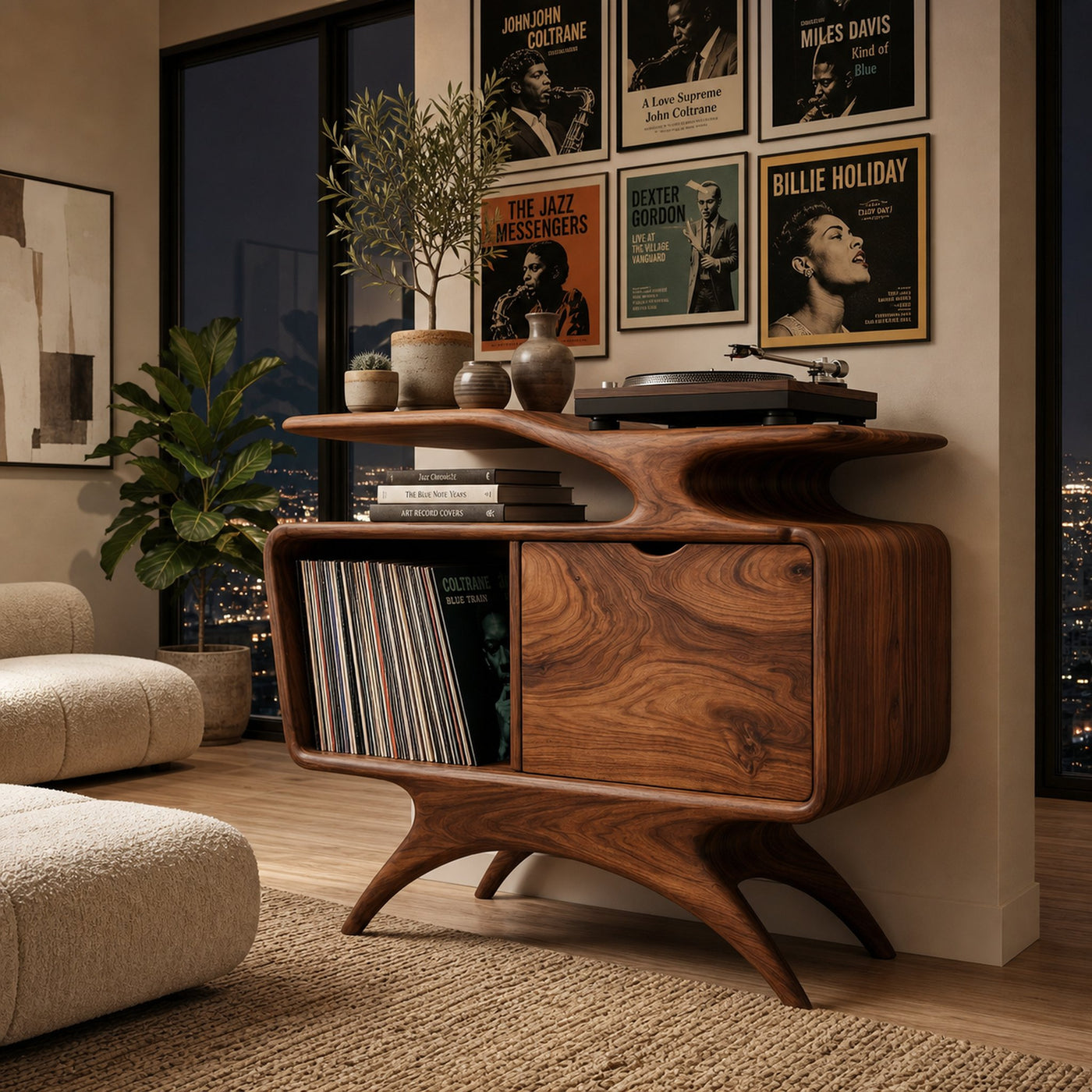 Handcrafted Wooden Record Cabinet With Shelving For Living Room
