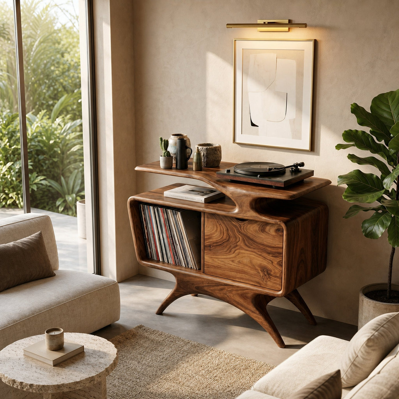 Handcrafted Wooden Record Cabinet With Shelving For Living Room - product view 2