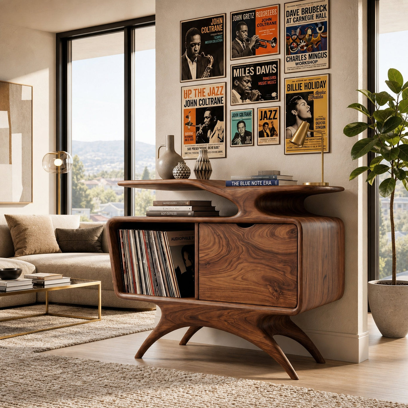 Handcrafted Wooden Record Cabinet With Shelving For Living Room - product view 6