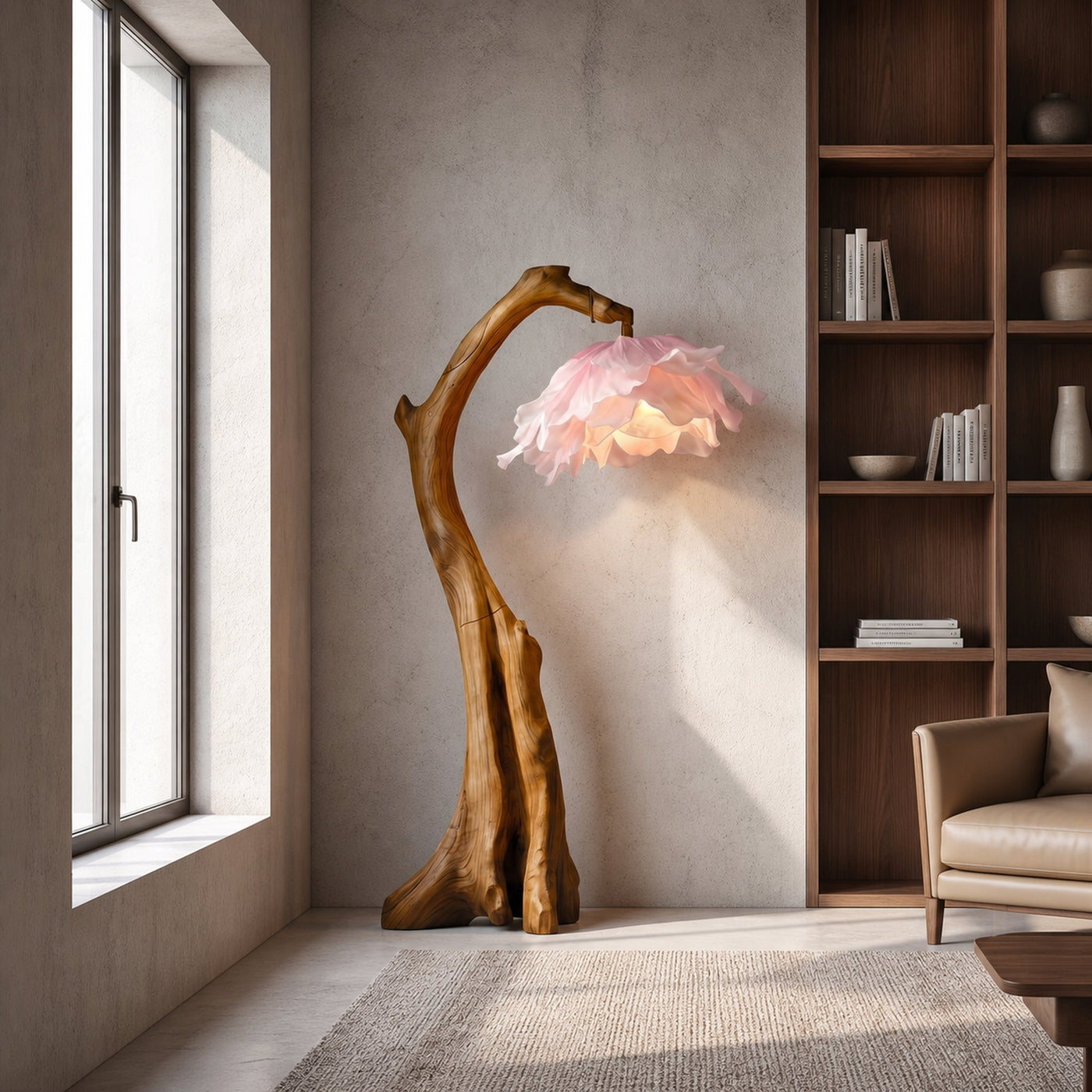 Handmade Flower Floor Lamp With Sculptural Wood Base For Living Room And Bedroom