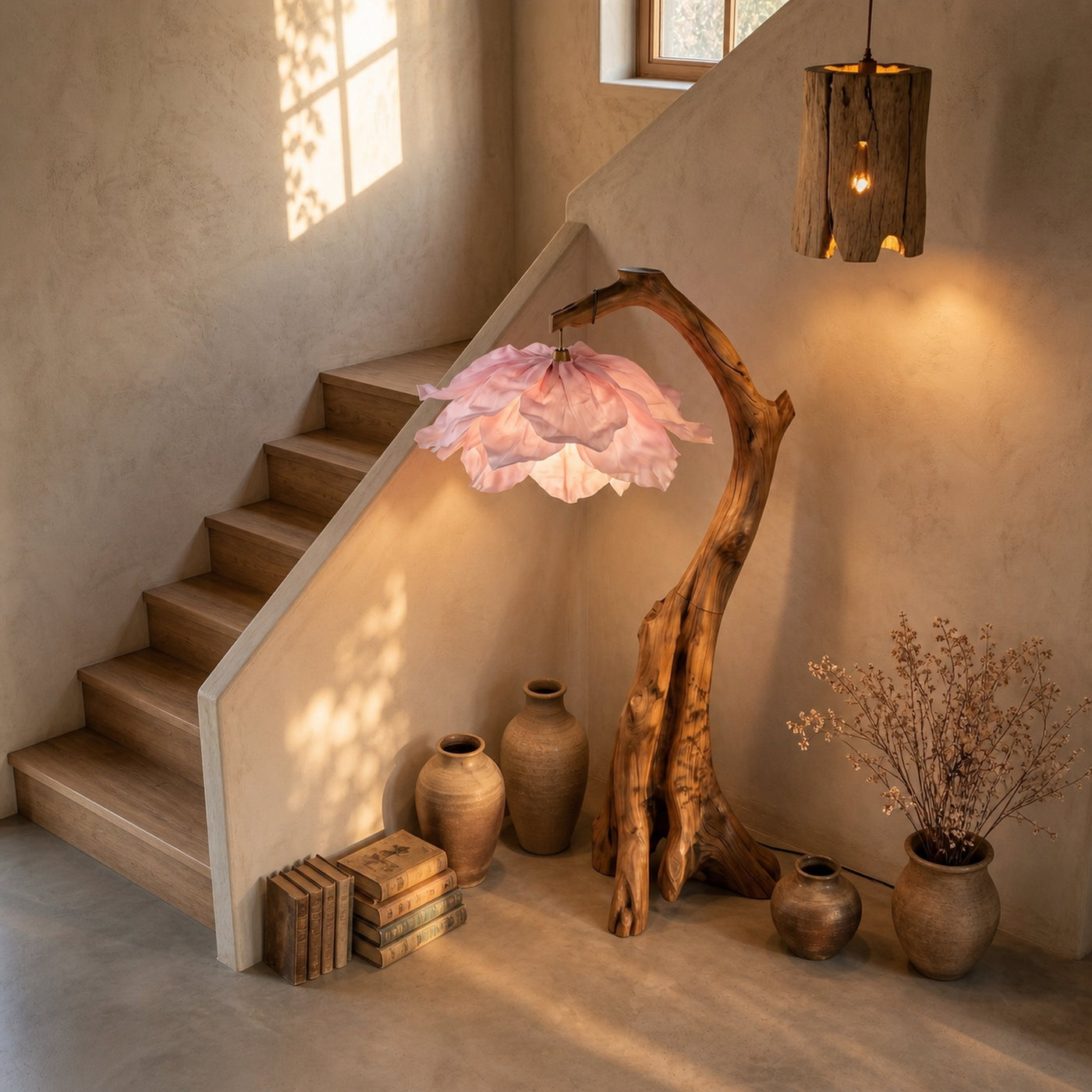 Handmade Flower Floor Lamp With Sculptural Wood Base For Living Room And Bedroom - product view 2