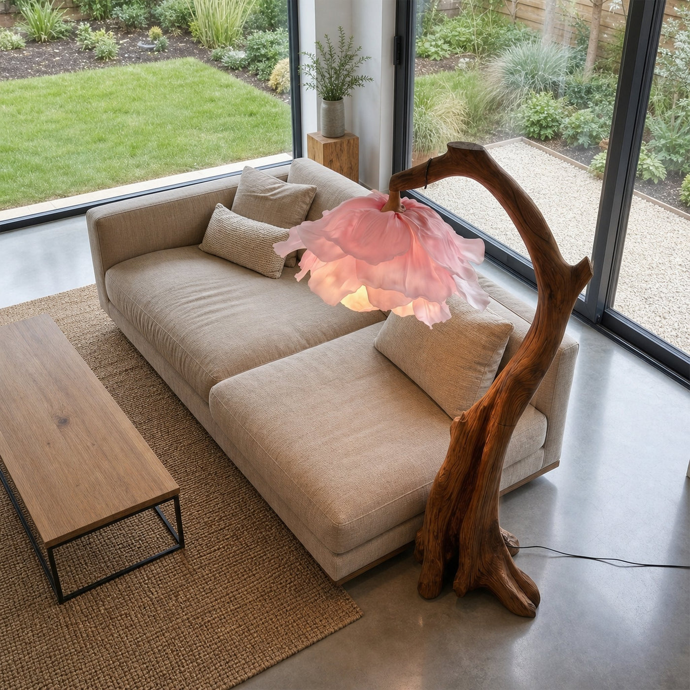 Handmade Flower Floor Lamp With Sculptural Wood Base For Living Room And Bedroom - product view 3