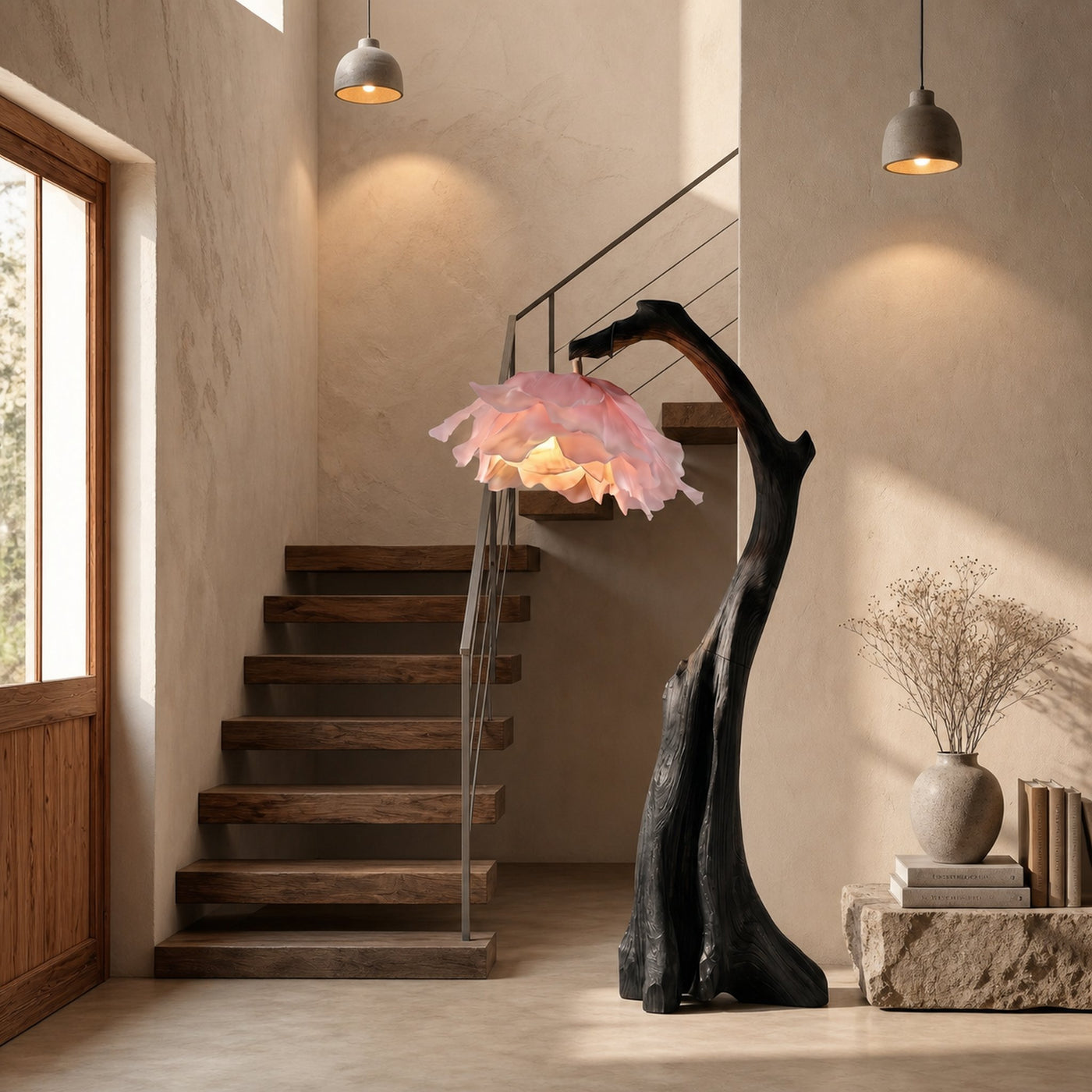 Handmade Flower Floor Lamp With Sculptural Wood Base For Living Room And Bedroom - product view 4