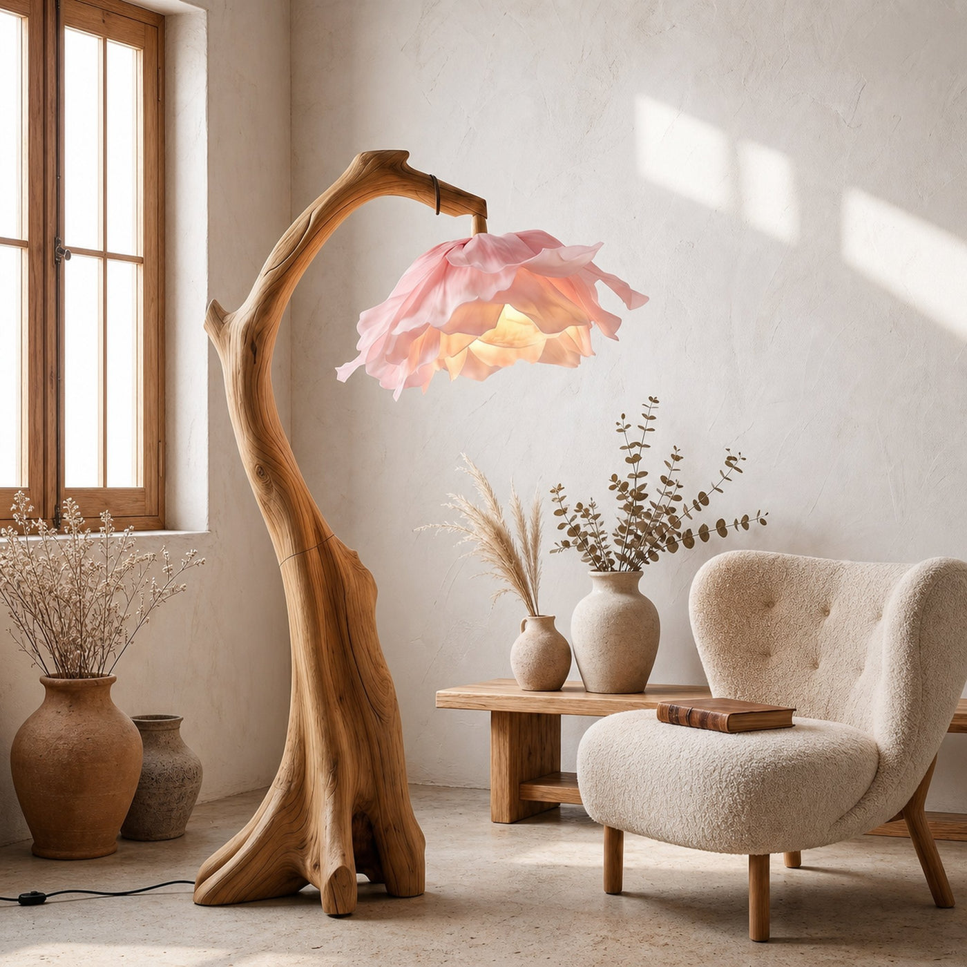 Handmade Flower Floor Lamp With Sculptural Wood Base For Living Room And Bedroom - product view 5