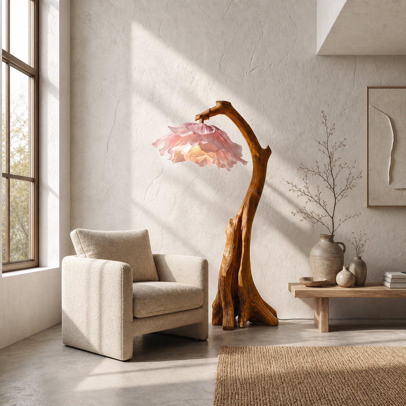 Handmade Flower Floor Lamp With Sculptural Wood Base For Living Room And Bedroom - product view 6