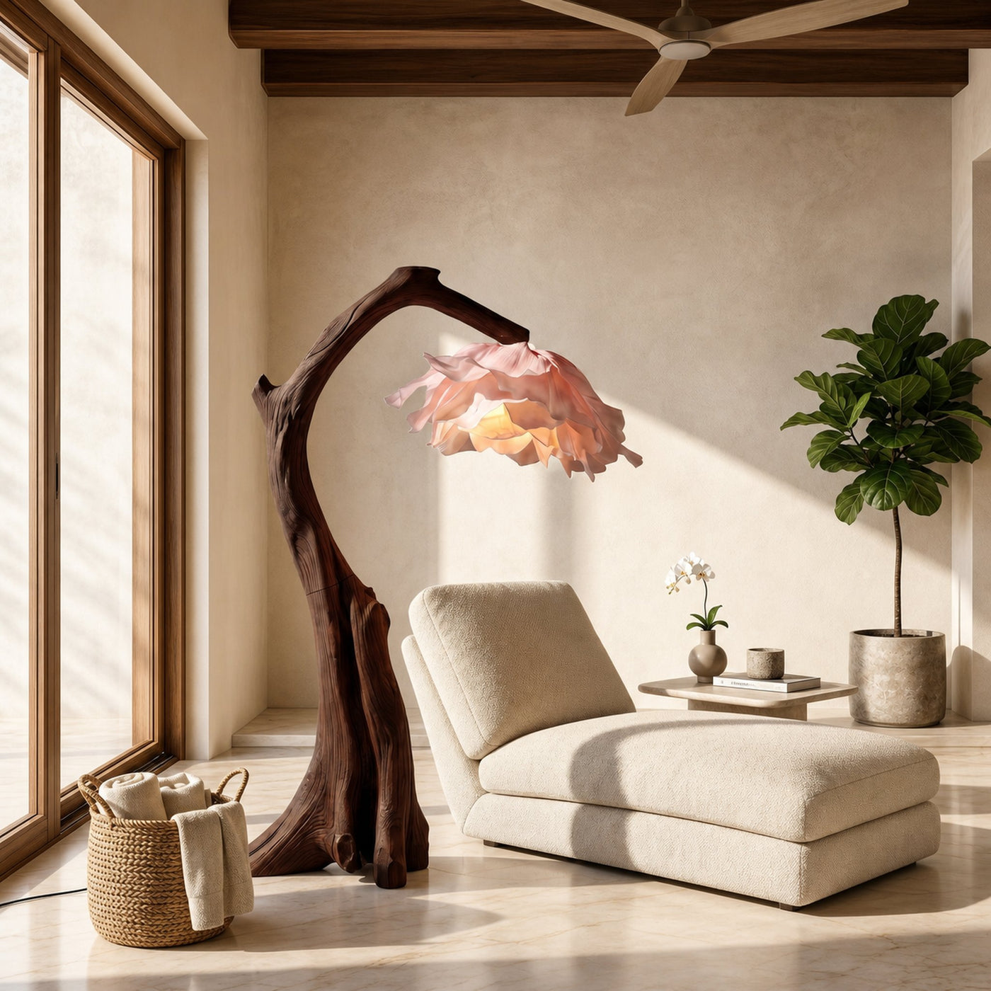 Handmade Flower Floor Lamp With Sculptural Wood Base For Living Room And Bedroom - product view 7