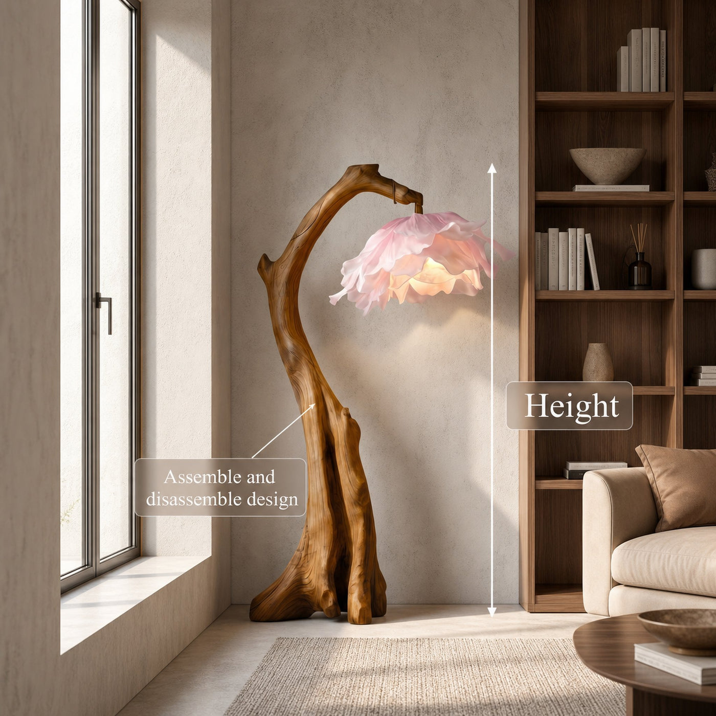 Handmade Flower Floor Lamp With Sculptural Wood Base For Living Room And Bedroom - product view 8