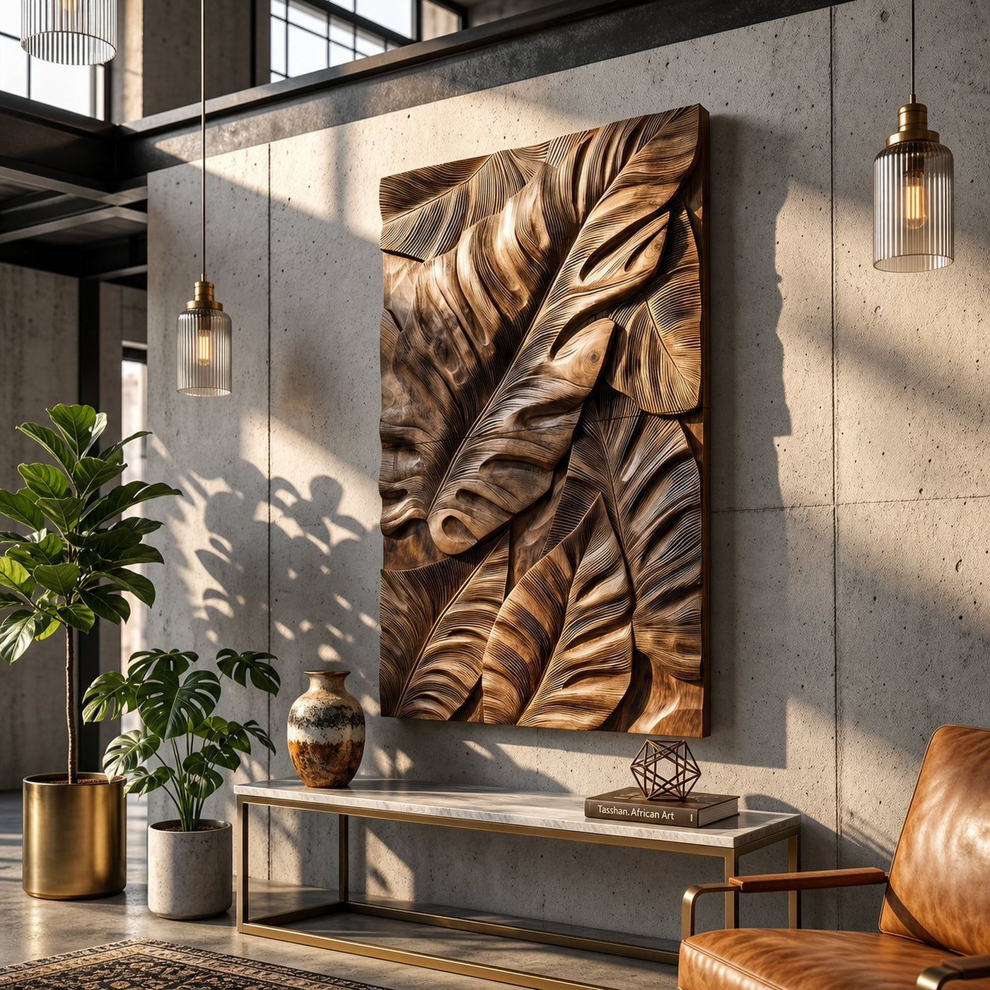 Industrial Wall Art With Leaf Relief Design For Entryway