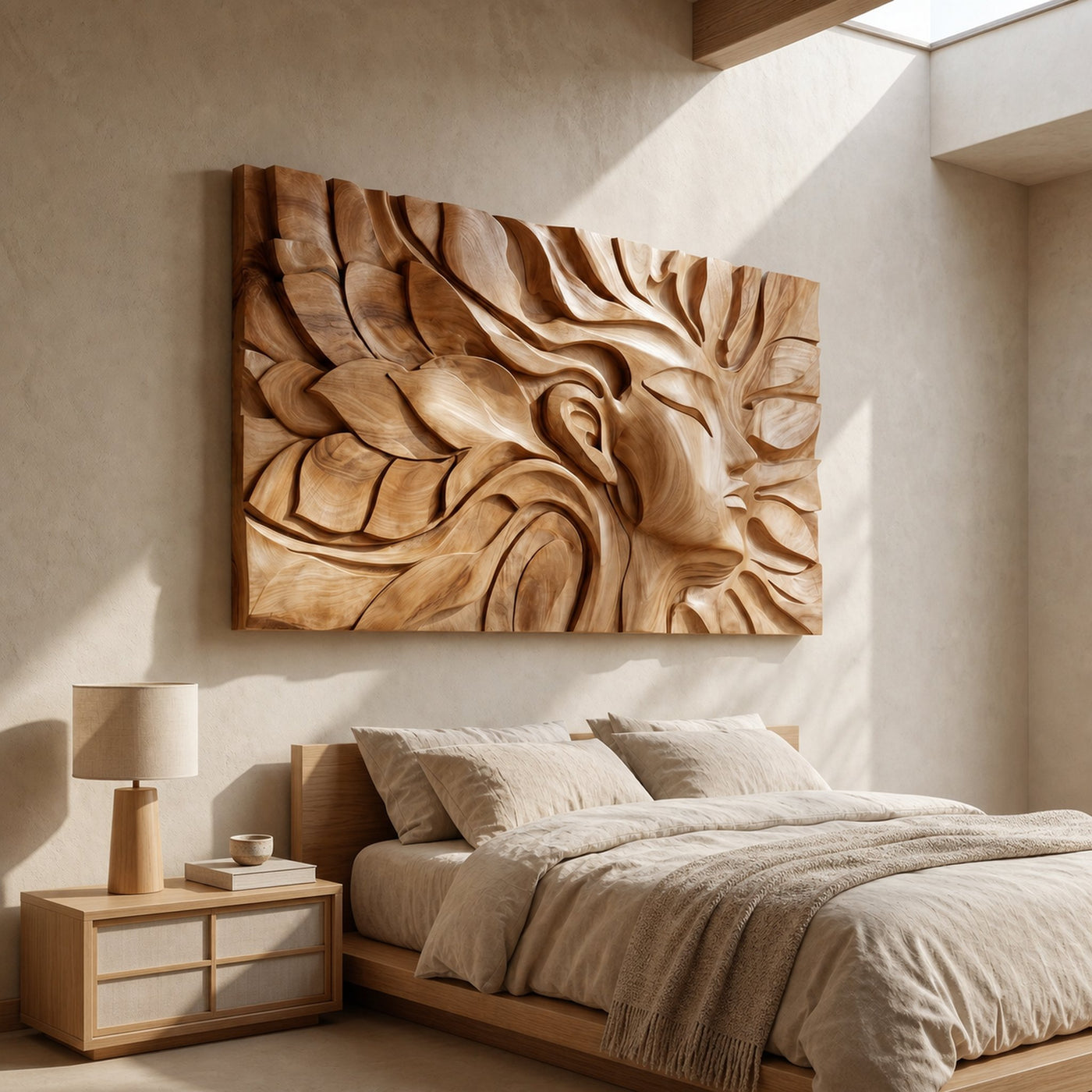Japandi Botanical Face Wood Wall Art Minimal Neutral Bedroom Decor