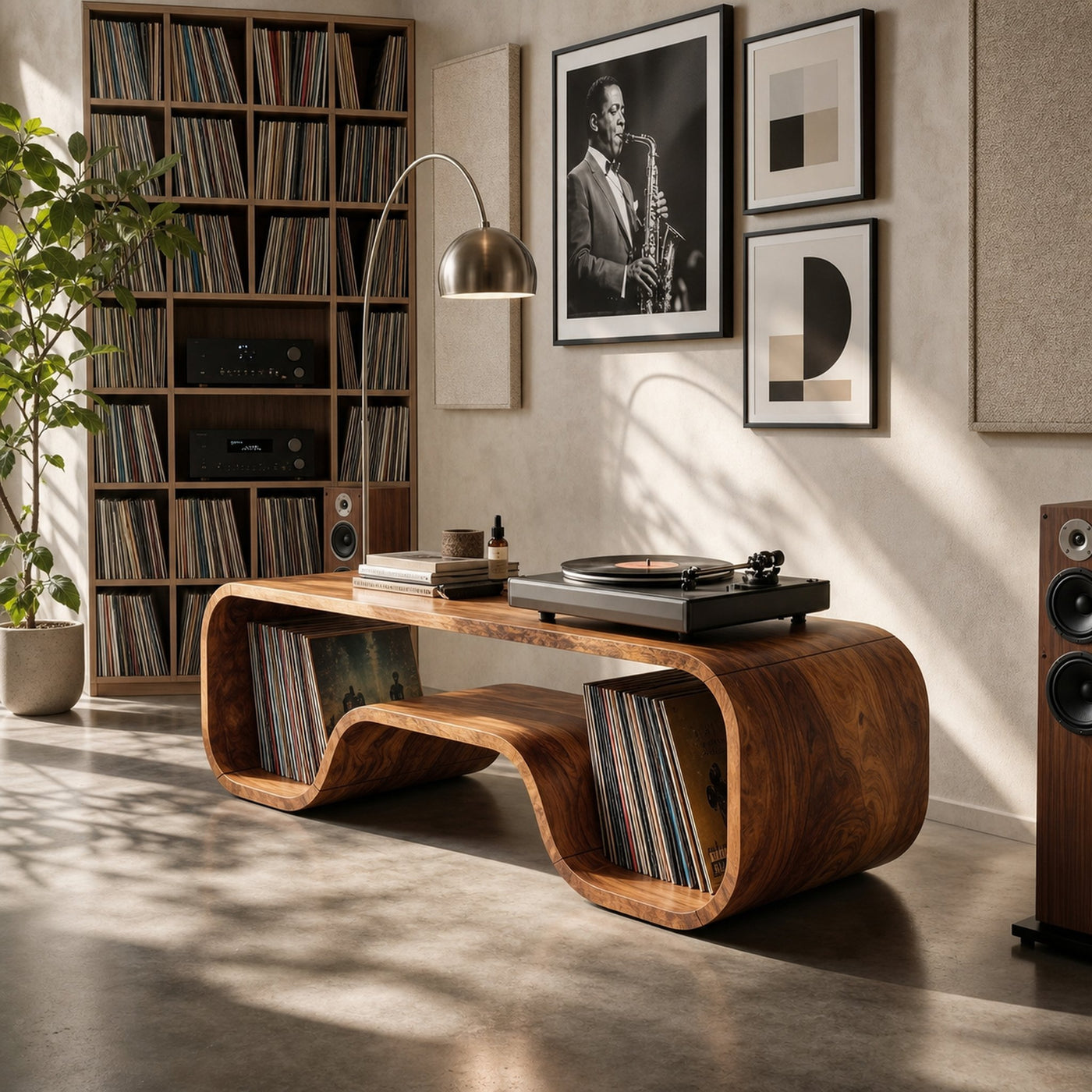 Japandi Curved Record Player Stand Audiophile Room