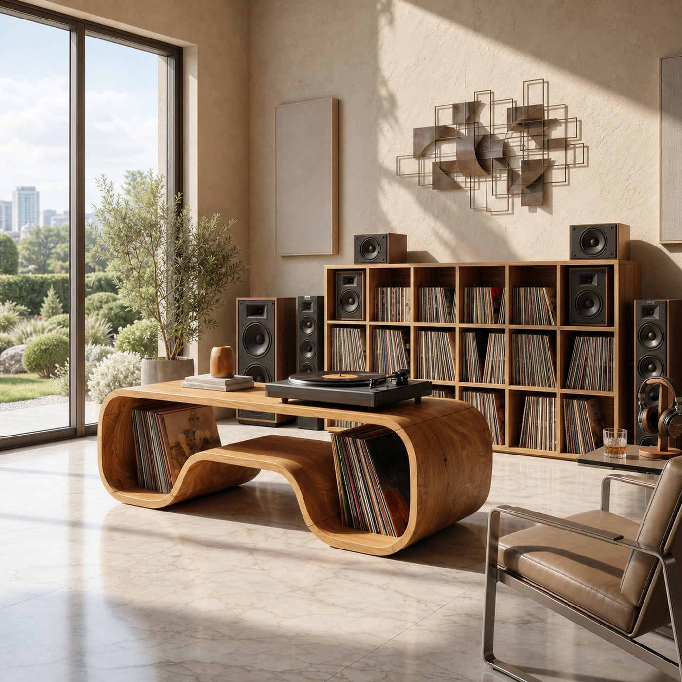 Japandi Curved Record Player Stand Audiophile Room - product view 5