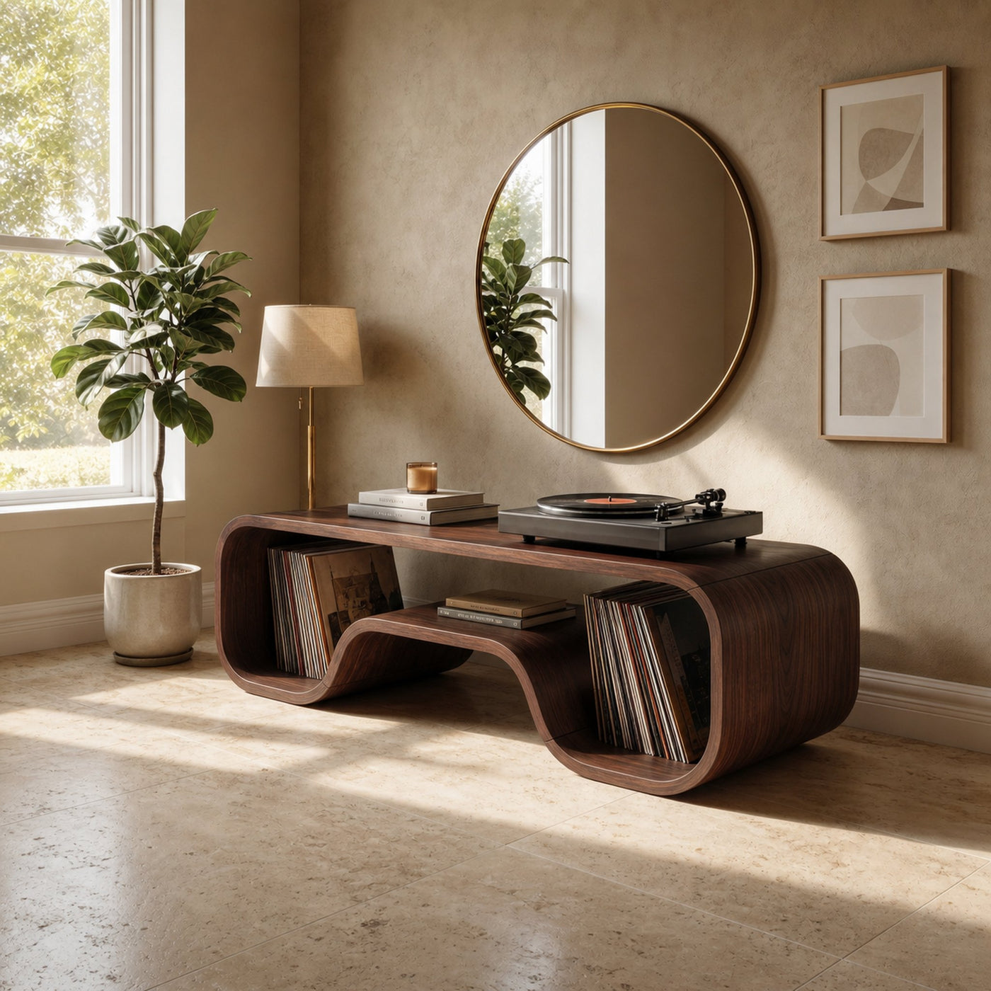 Japandi Curved Record Player Stand Audiophile Room - product view 7