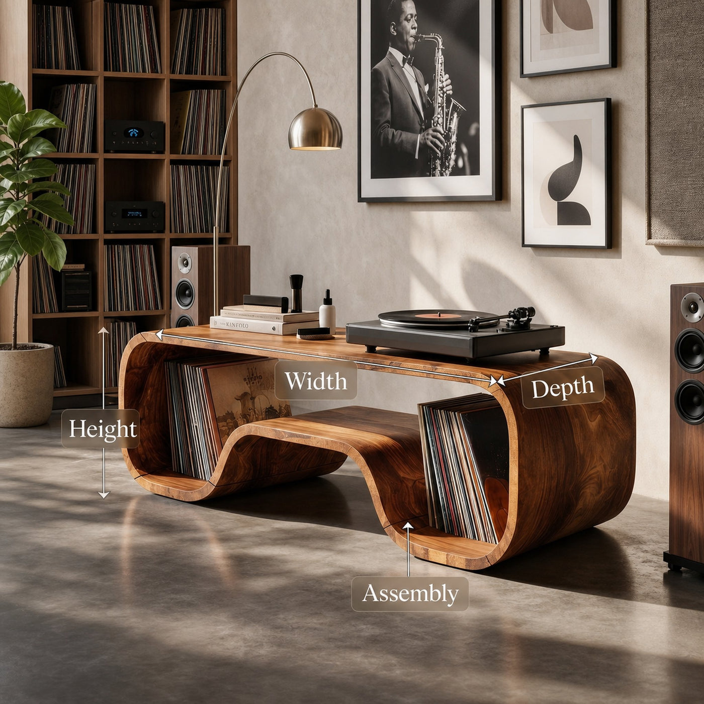 Japandi Curved Record Player Stand Audiophile Room - product view 8