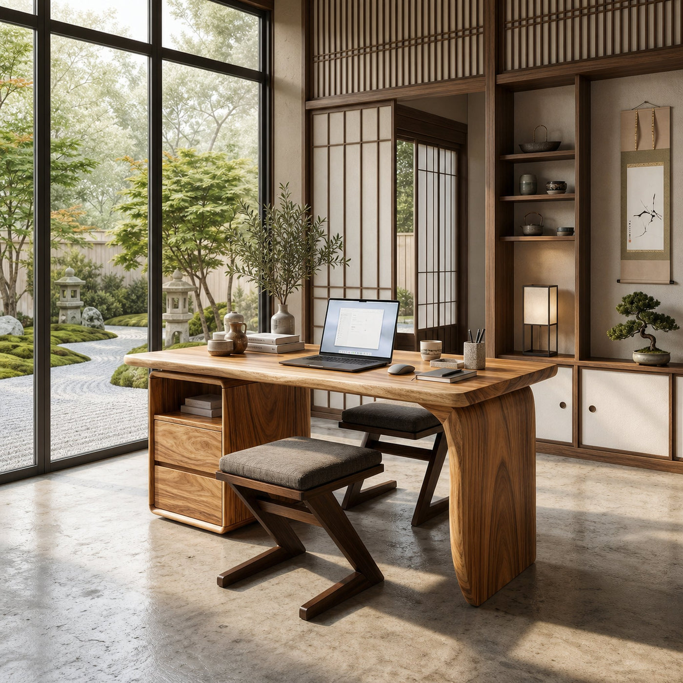 Japandi Study Desk With Curved Legs For Zen Office Room