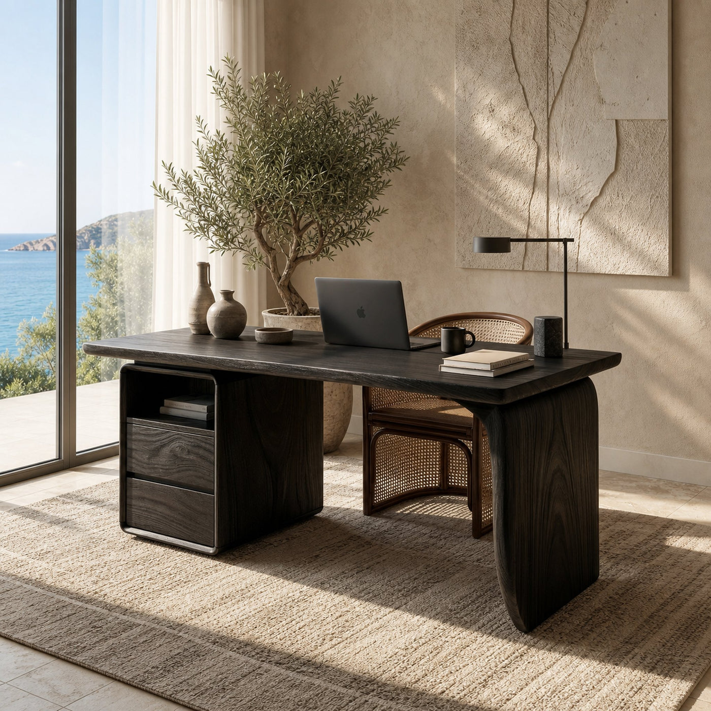 Japandi Study Desk With Curved Legs For Zen Office Room - product view 4