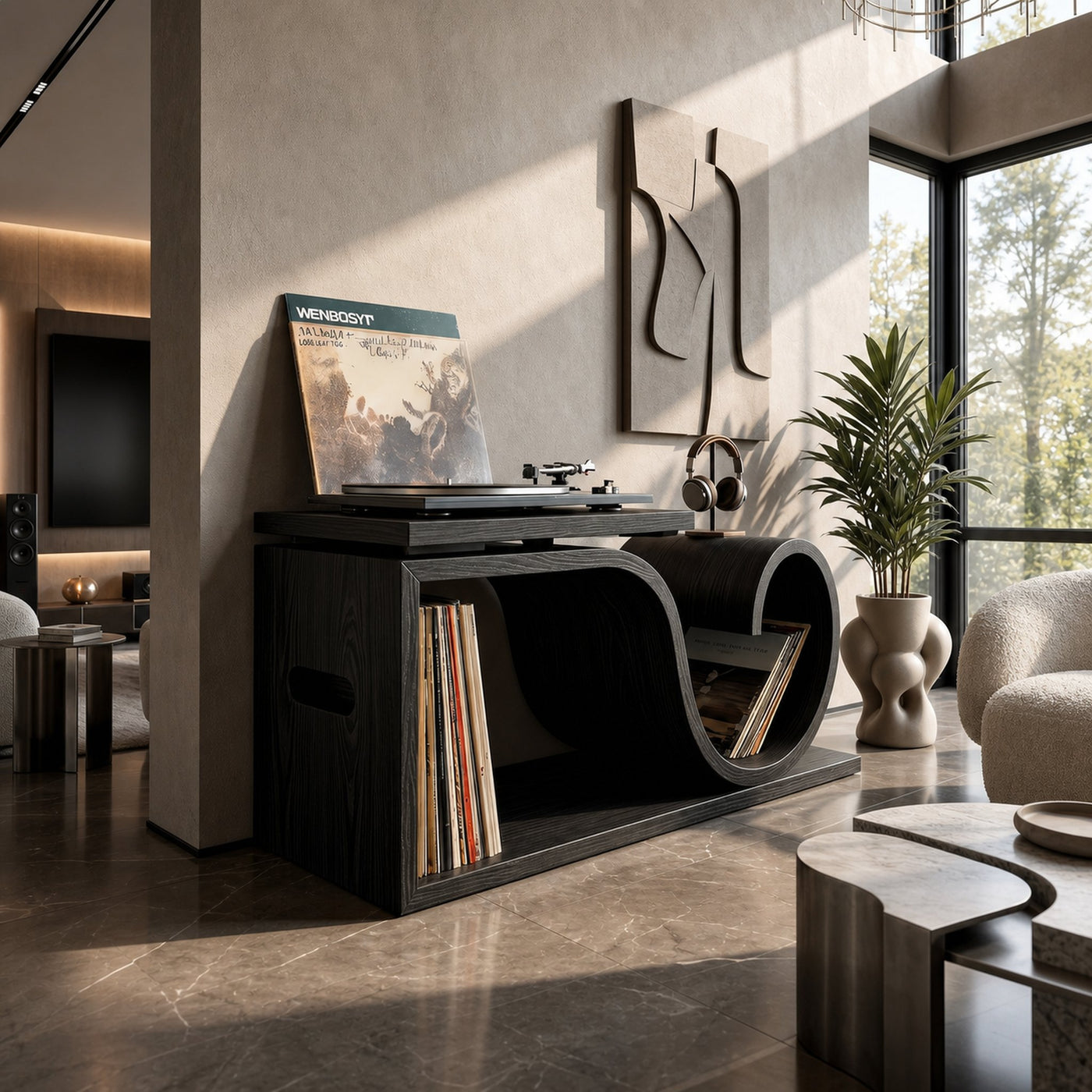 Japandi Wave Record Player Cabinet Wellness Room - product view 4