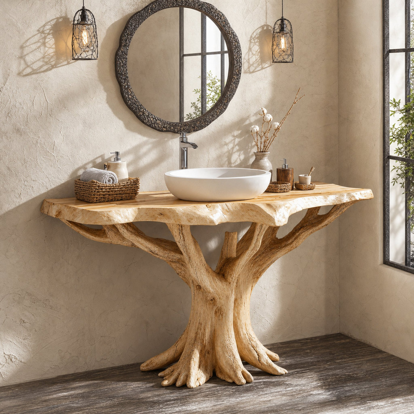 Live Edge Wood Vanity With Natural Tree Base For Eco Bathrooms