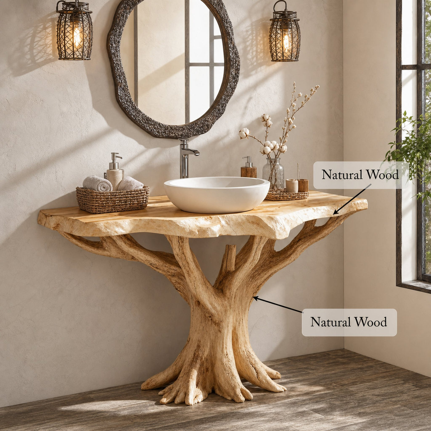 Live Edge Wood Vanity With Natural Tree Base For Eco Bathrooms - product view 5